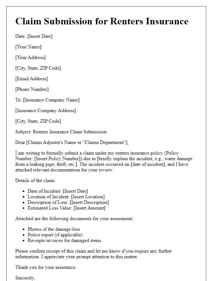 Letter template of renters insurance claim submission