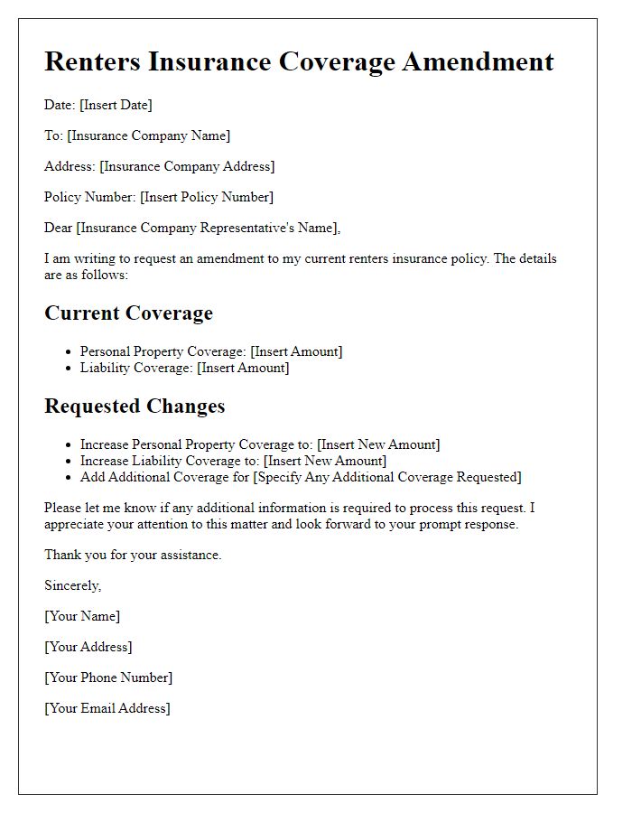 Letter template of renters insurance coverage amendment