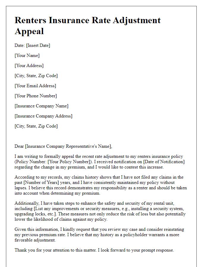 Letter template of renters insurance rate adjustment appeal