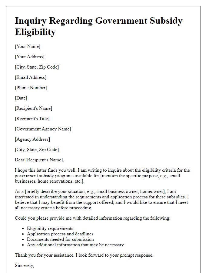 Letter template of inquiry regarding government subsidy eligibility.