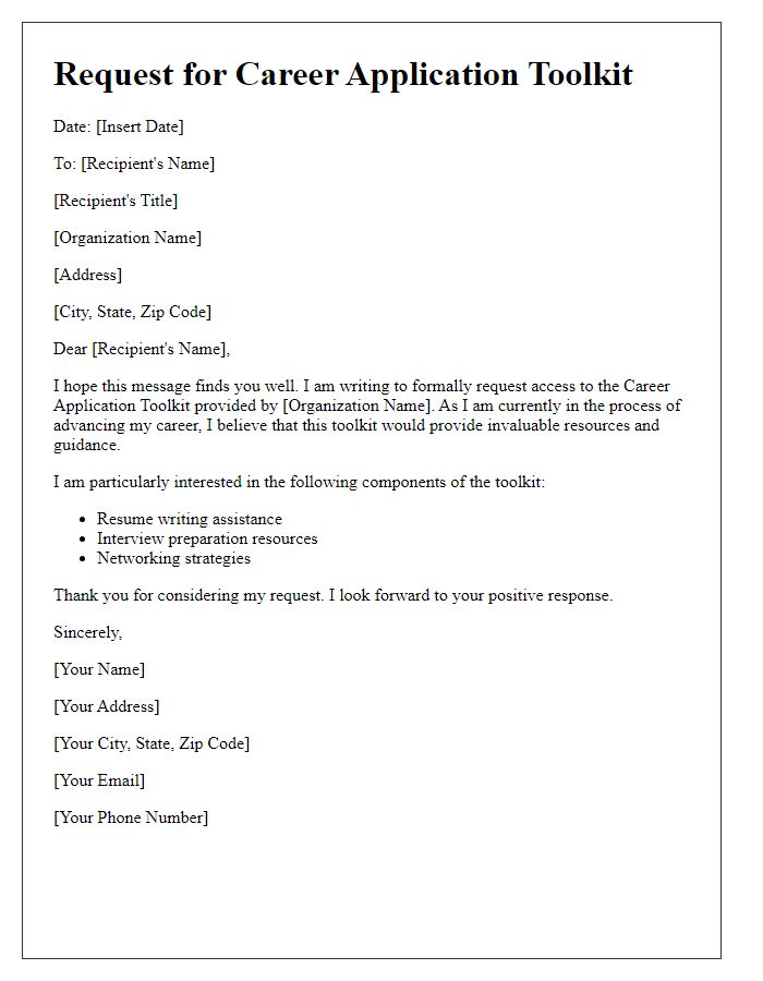 Letter template of career application toolkit request