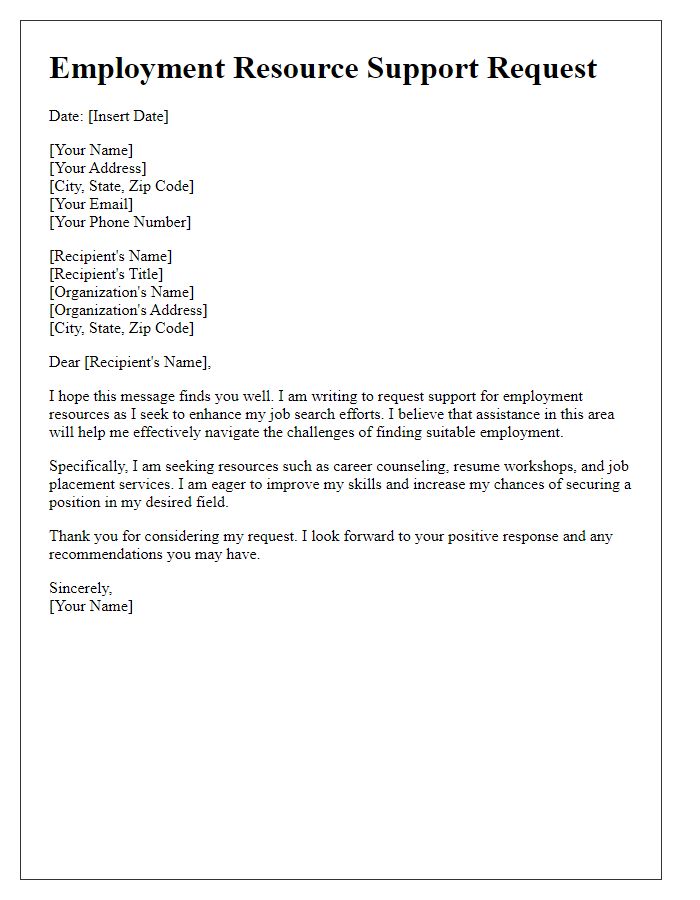 Letter template of employment resource support request