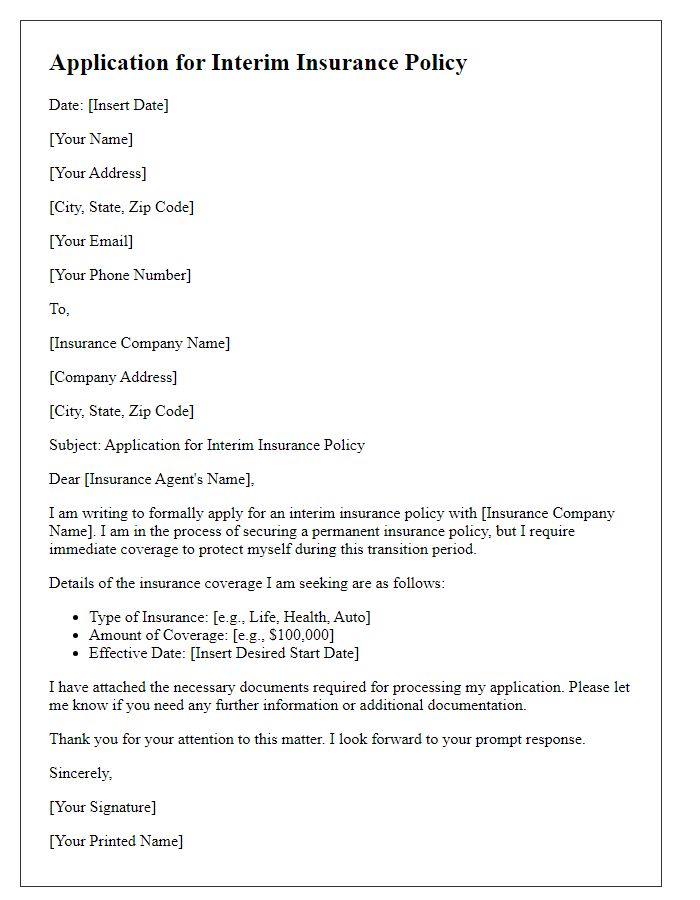 Letter template of application for interim insurance policy