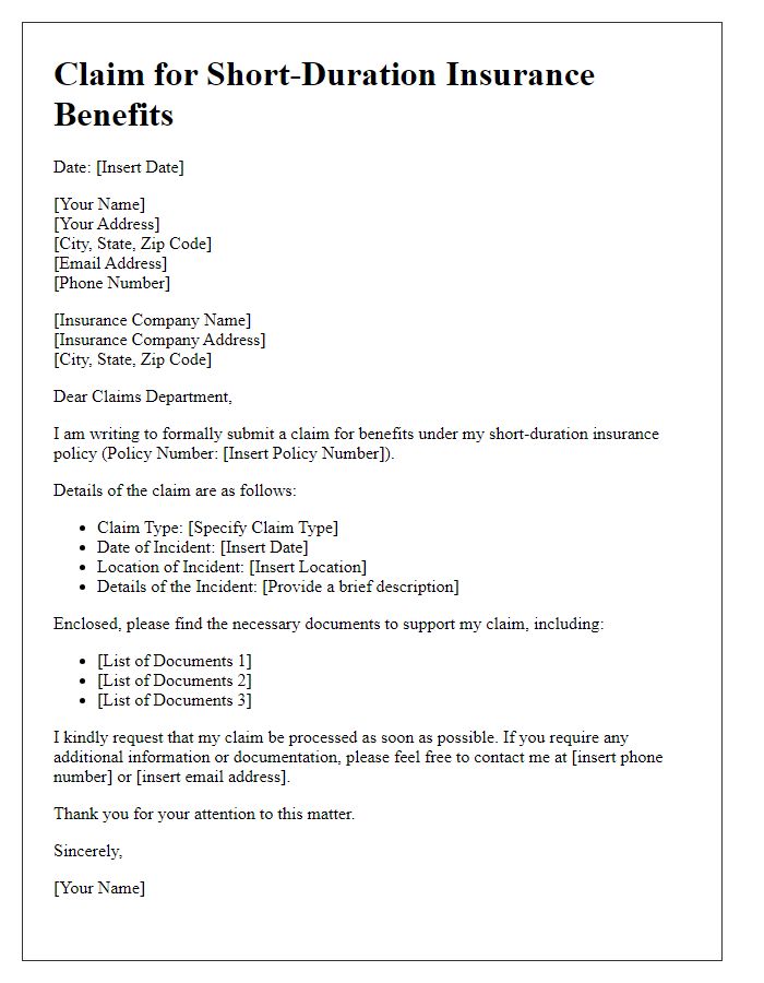 Letter template of claim for short-duration insurance benefits