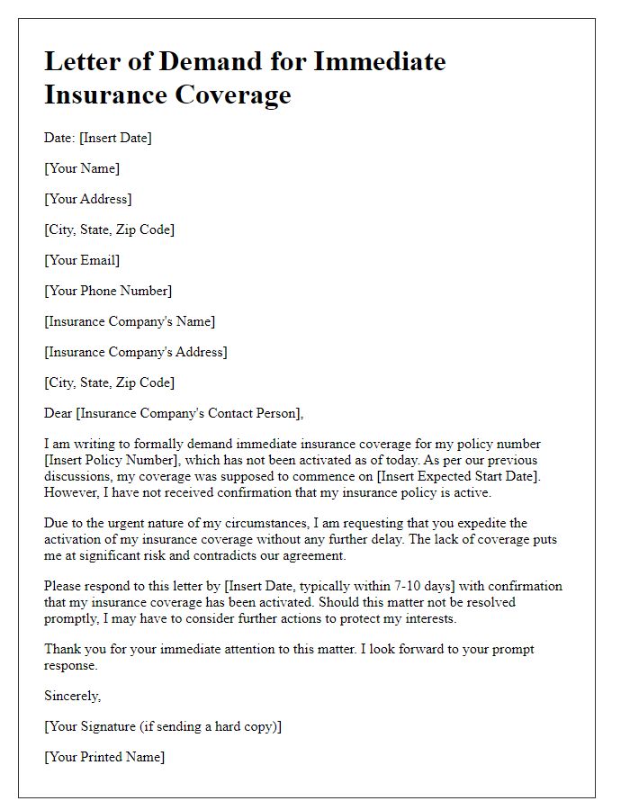 Letter template of demand for immediate insurance coverage