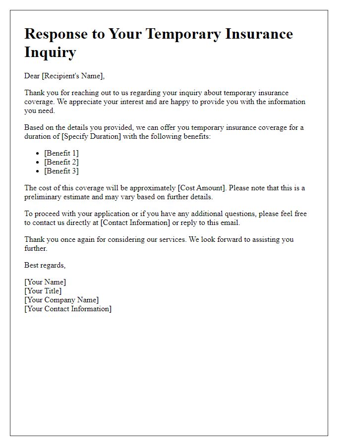 Letter template of response for temporary insurance inquiry