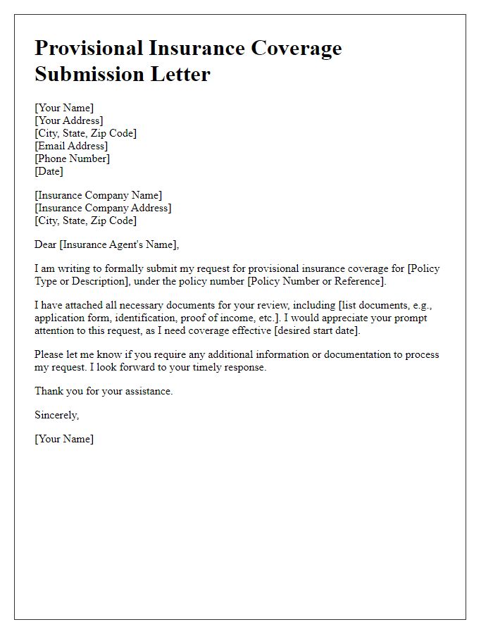 Letter template of submission for provisional insurance coverage