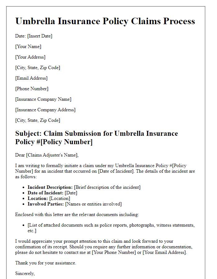 Letter template of umbrella insurance policy claims process