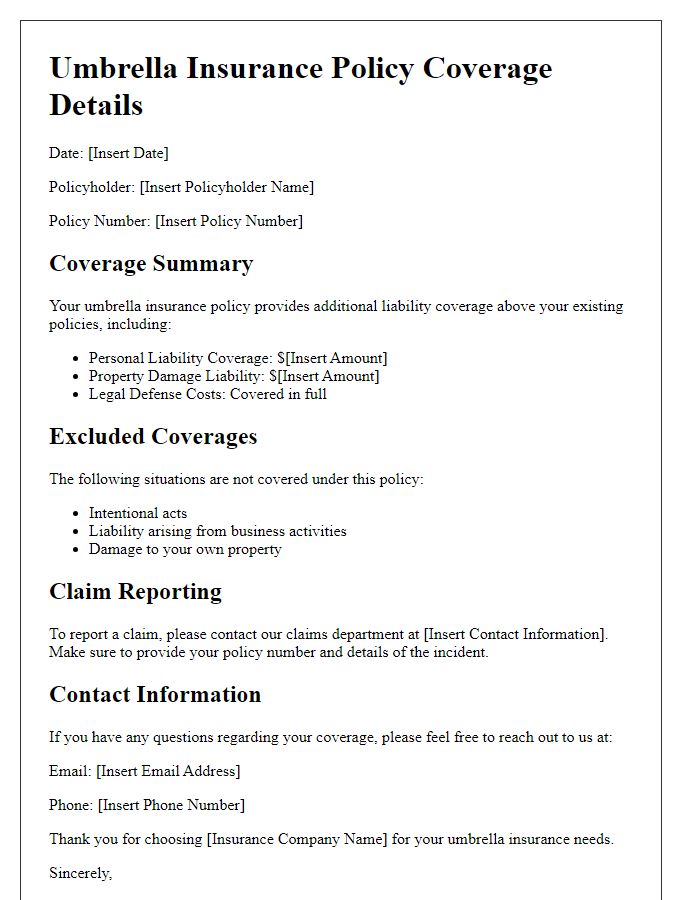 Letter template of umbrella insurance policy coverage details