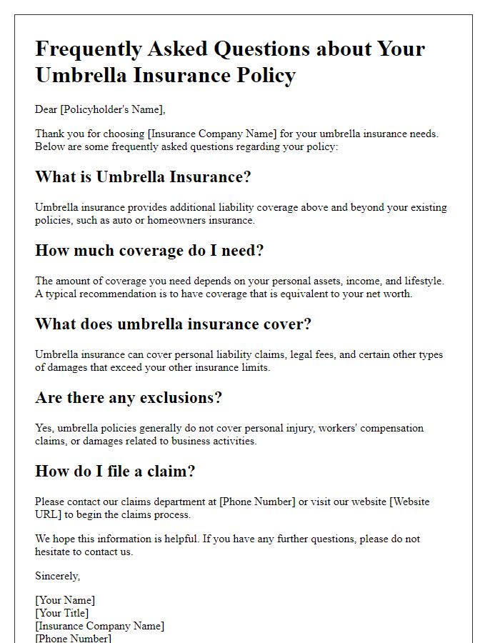 Letter template of umbrella insurance policy FAQs