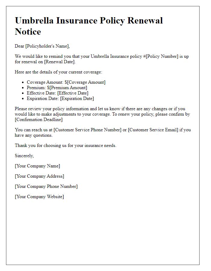 Letter template of umbrella insurance policy renewal information