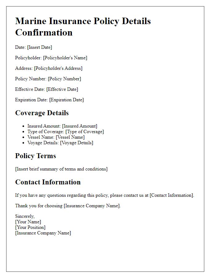 Letter template of marine insurance policy details confirmation