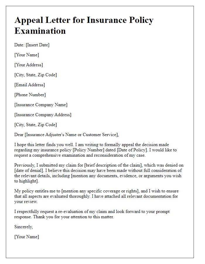 Letter template of appeal for insurance policy examination