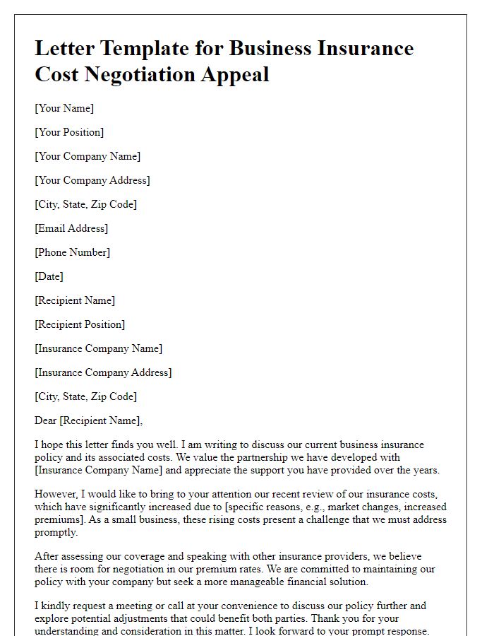 Letter template of business insurance cost negotiation appeal