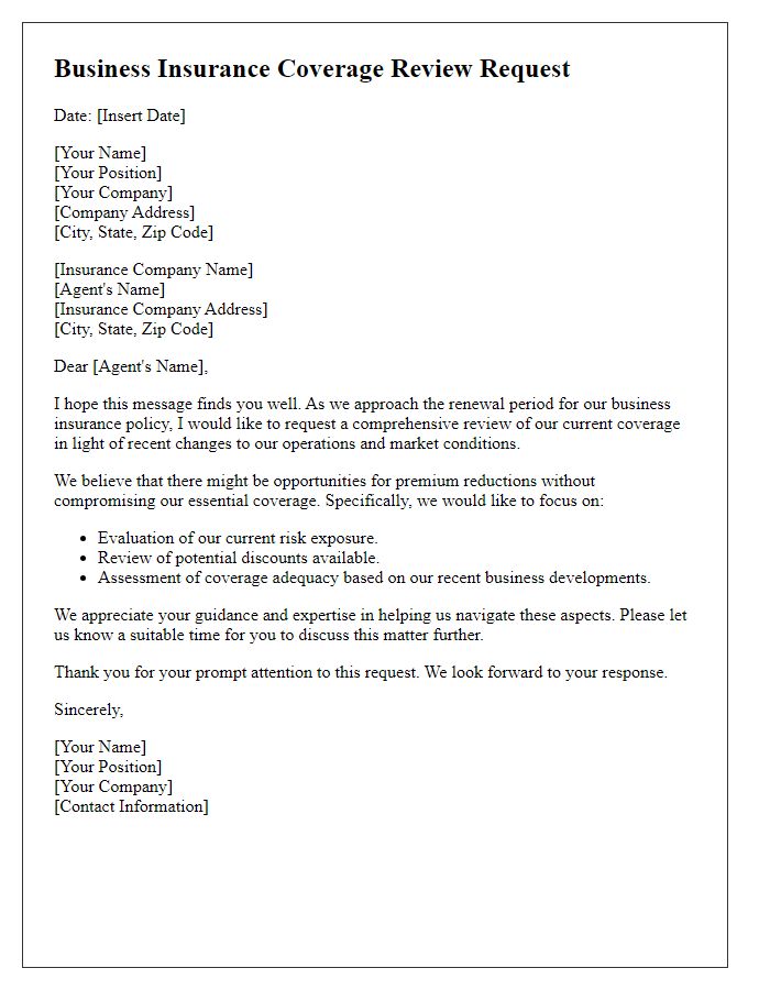 Letter template of business insurance coverage review for premium reduction