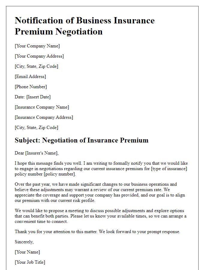 Letter template of business insurance premium negotiation notification