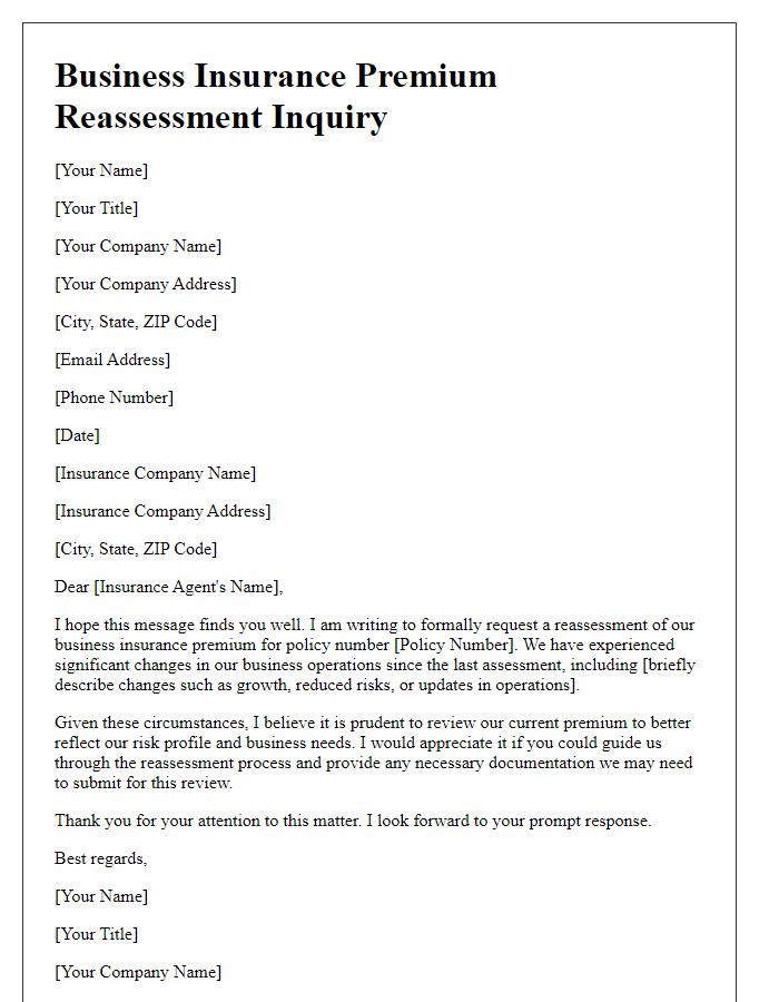 Letter template of business insurance premium reassessment inquiry