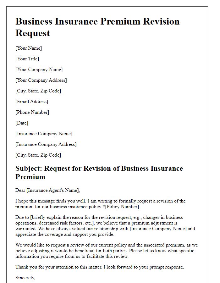 Letter template of business insurance premium revision request