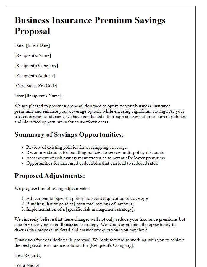 Letter template of business insurance premium savings proposal