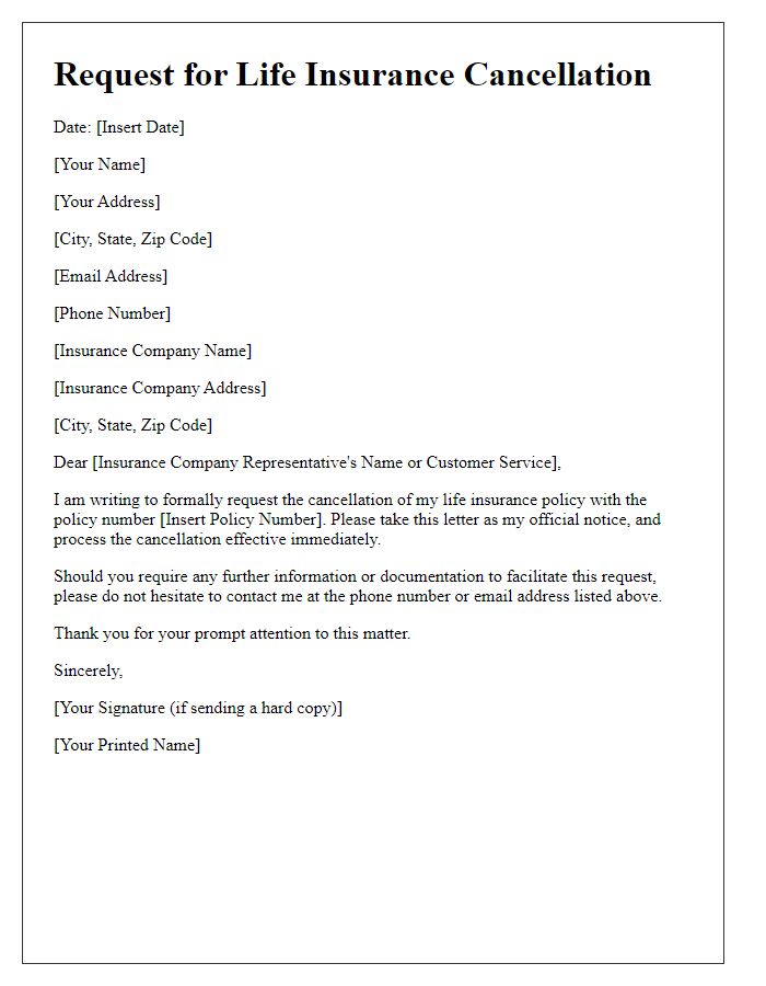 Letter template of request for life insurance cancellation.