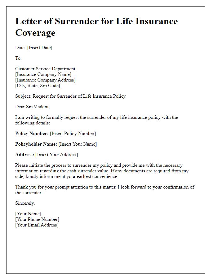 Letter template of surrendering life insurance coverage.