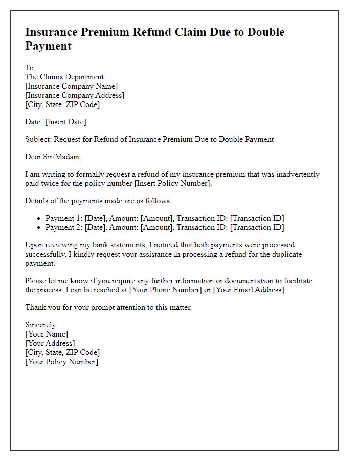 Letter template of insurance premium refund claim due to double payment.