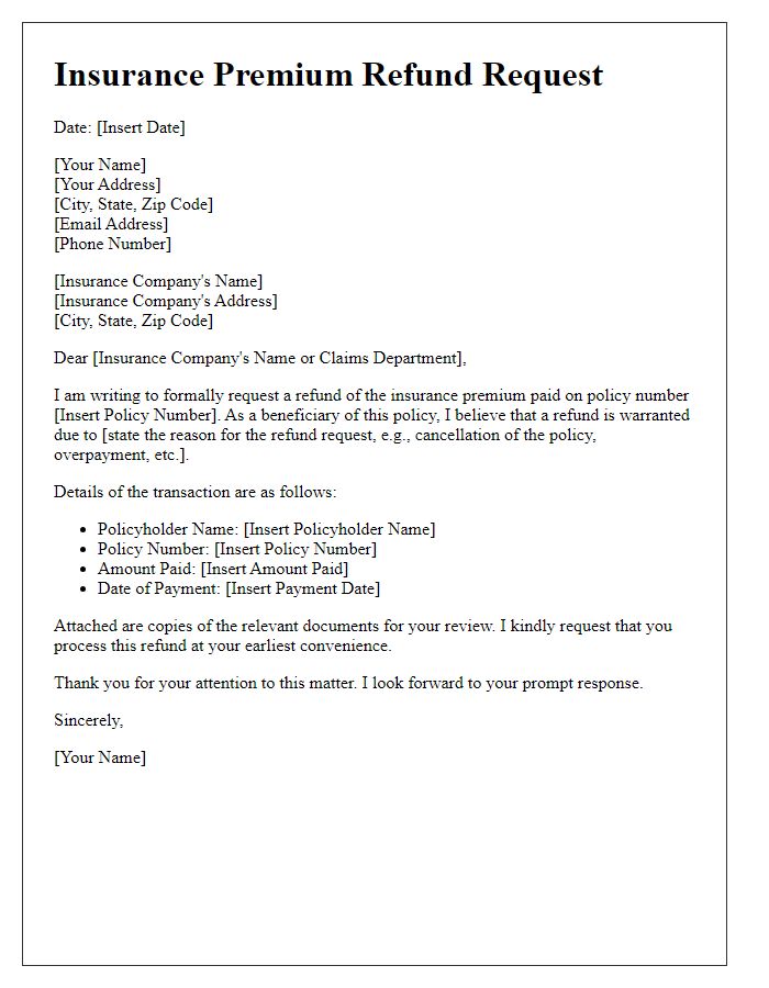 Letter template of insurance premium refund request from a beneficiary.