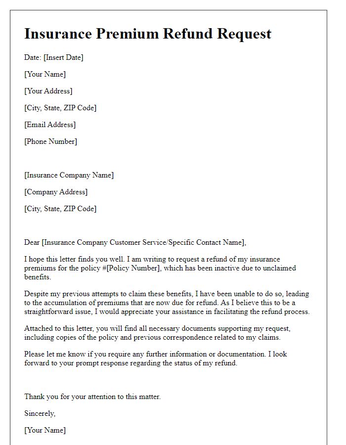 Letter template of insurance premium refund for unclaimed benefits.