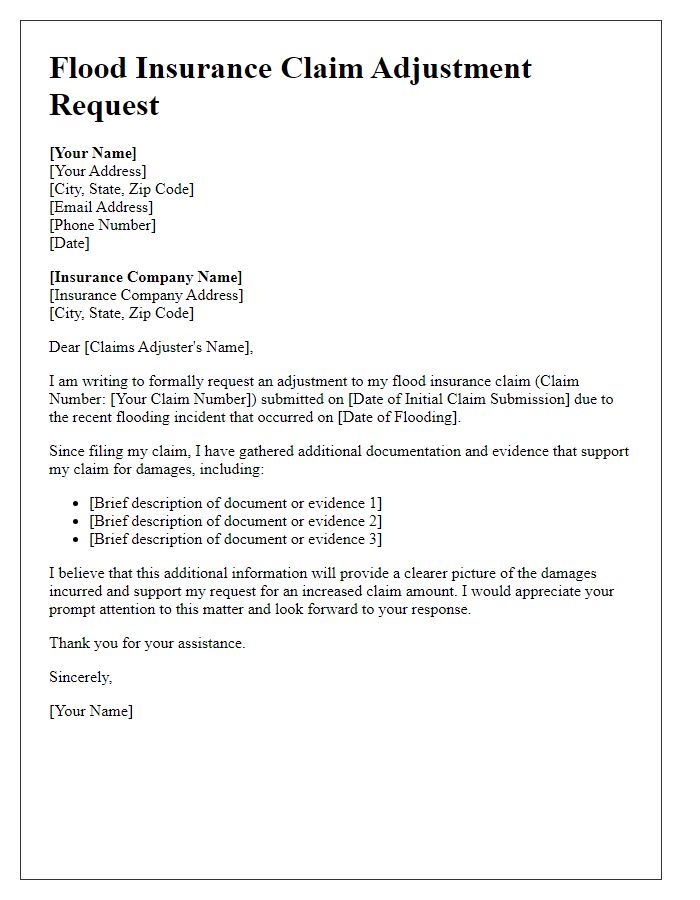 Letter template of flood insurance claim adjustment request.