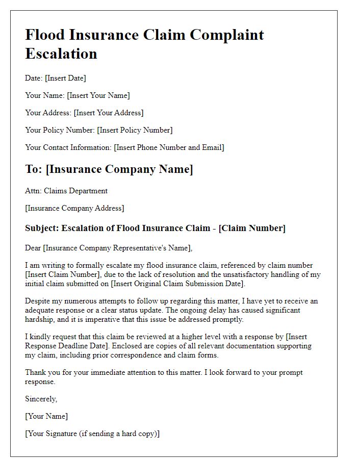 Letter template of flood insurance claim complaint escalation.