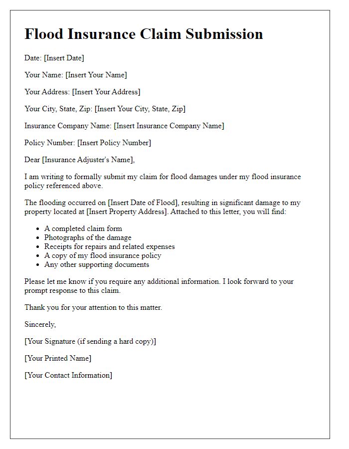 Letter template of flood insurance claim documentation submission.