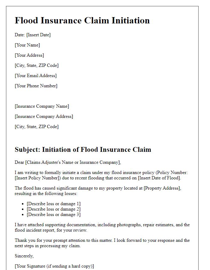 Letter template of flood insurance claim initiation.