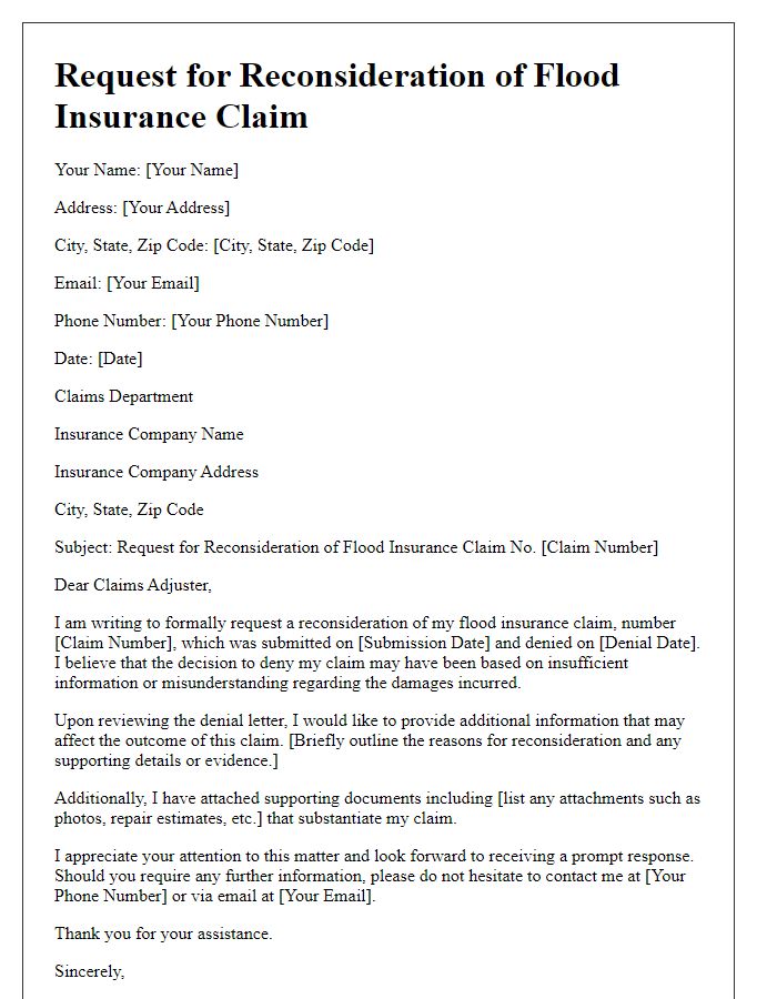 Letter template of flood insurance claim reconsideration request.