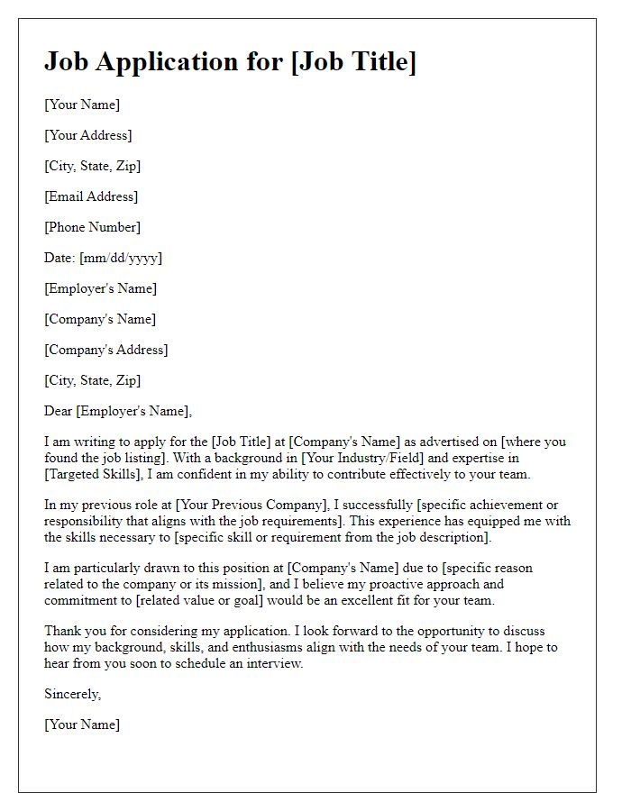 Letter template of job application for targeted skill alignment