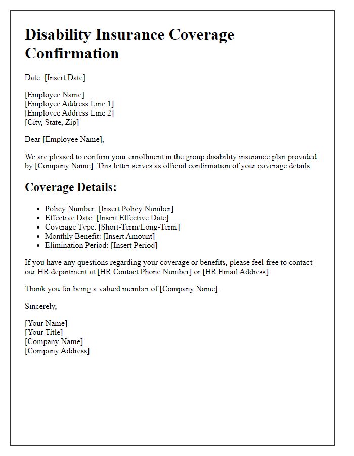 Letter template of disability insurance coverage confirmation for group plans