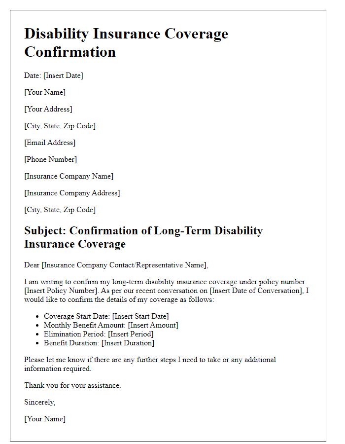 Letter template of disability insurance coverage confirmation for long-term disability