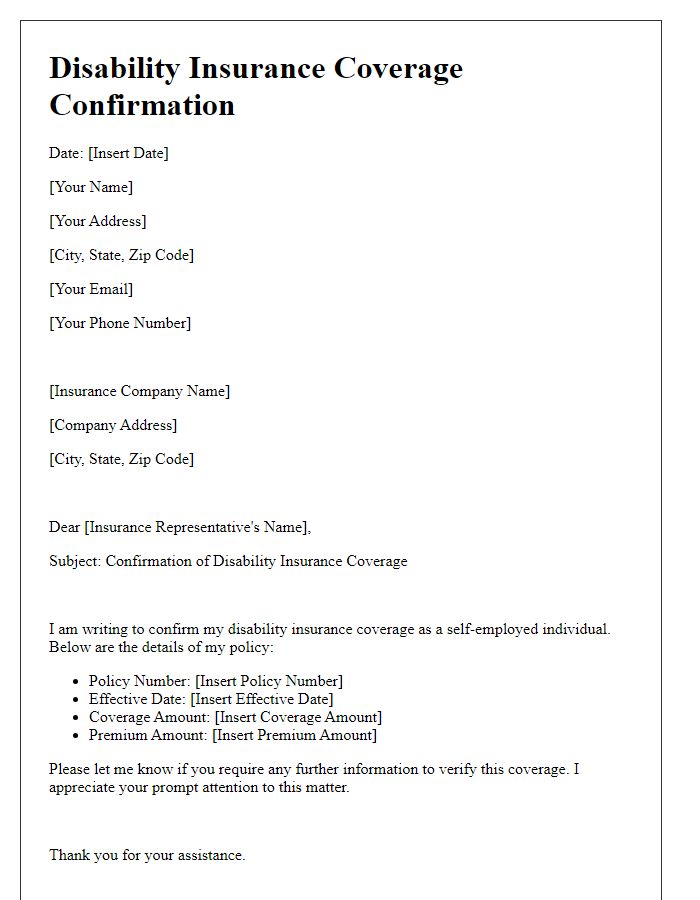 Letter template of disability insurance coverage confirmation for self-employed individuals