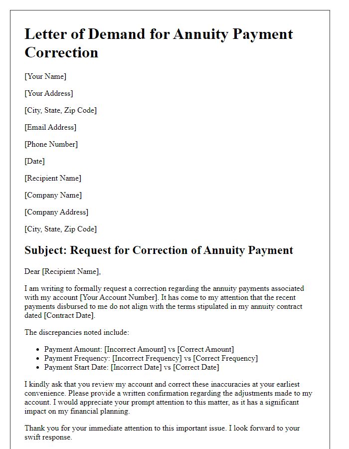 Letter template of demand for annuity payment correction