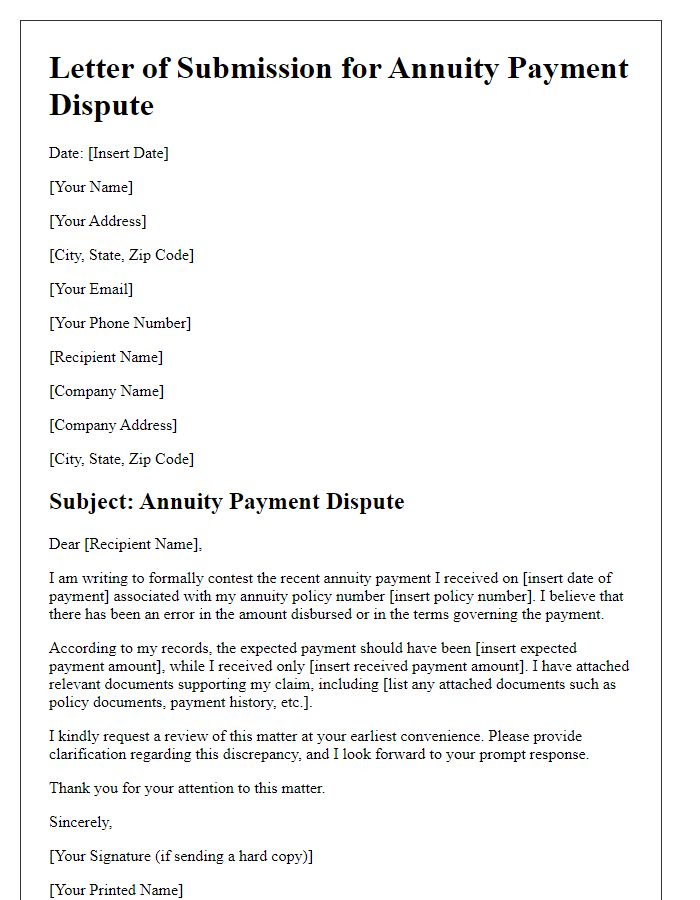 Letter template of submission for annuity payment dispute