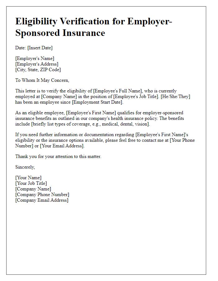 Letter template of eligibility verification for employer-sponsored insurance