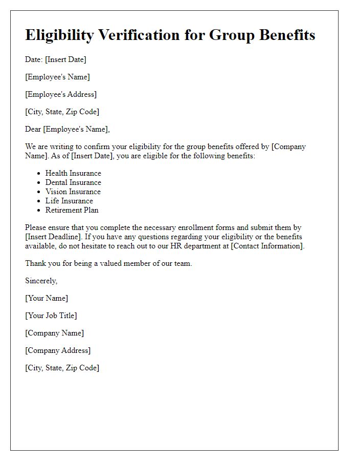 Letter template of eligibility verification for group benefits