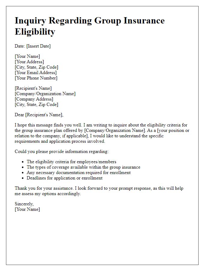 Letter template of inquiry regarding group insurance eligibility