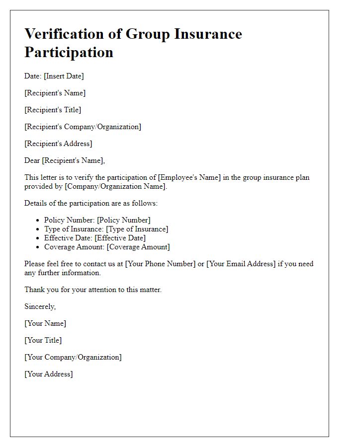 Letter template of verification of group insurance participation