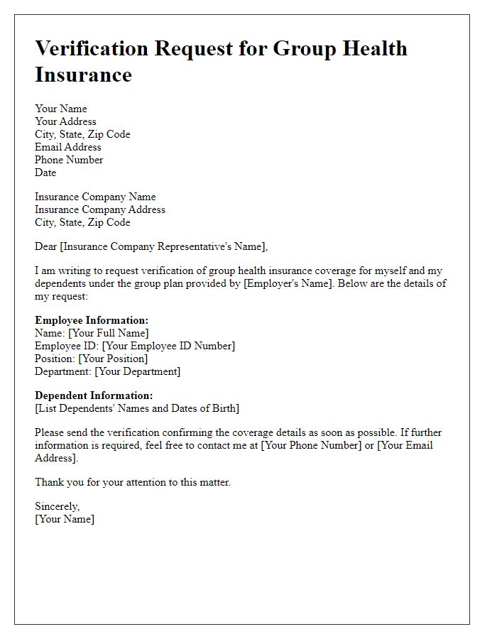 Letter template of verification request for group health insurance