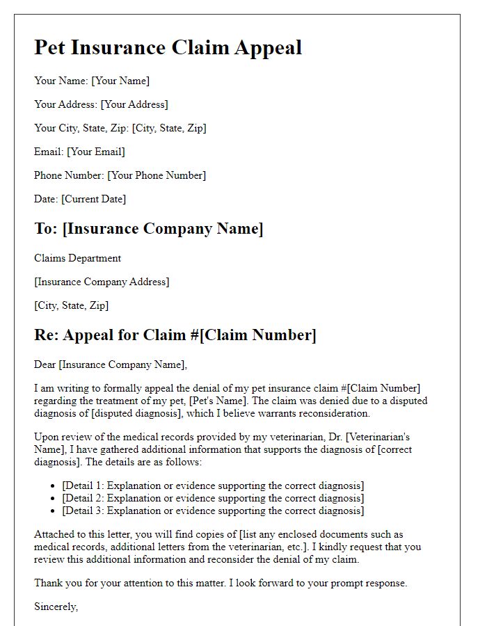 Letter template of pet insurance claim appeal for disputed diagnosis.