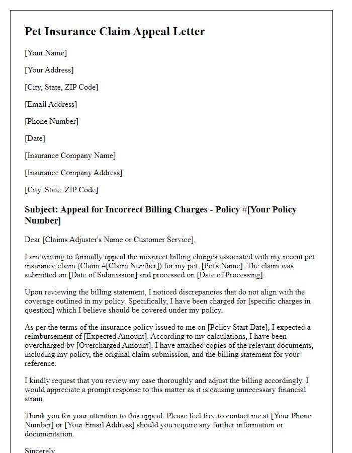 Letter template of pet insurance claim appeal for incorrect billing charges.