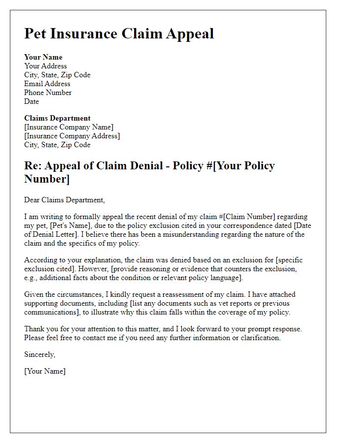 Letter template of pet insurance claim appeal for policy exclusion misunderstanding.