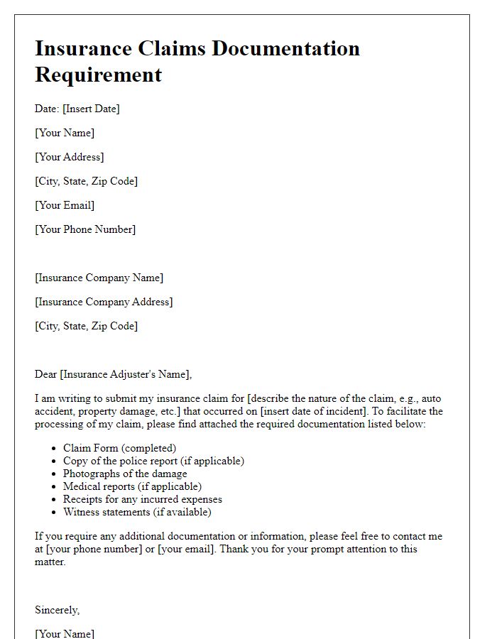 Letter template of insurance claims documentation requirement