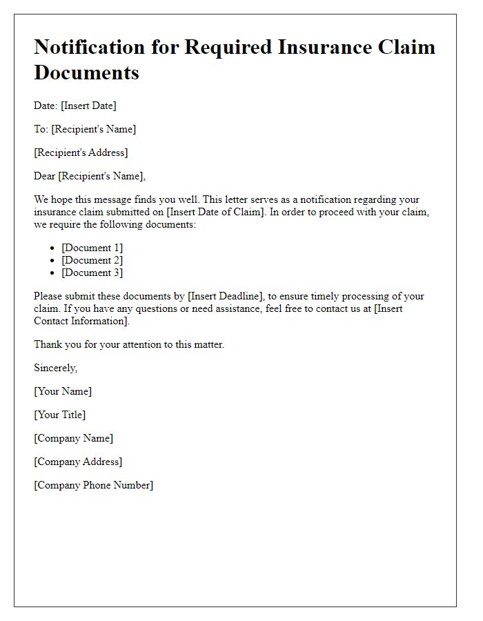 Letter template of notification for required insurance claim documents