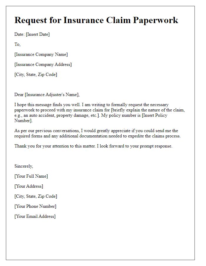 Letter template of request for insurance claim paperwork